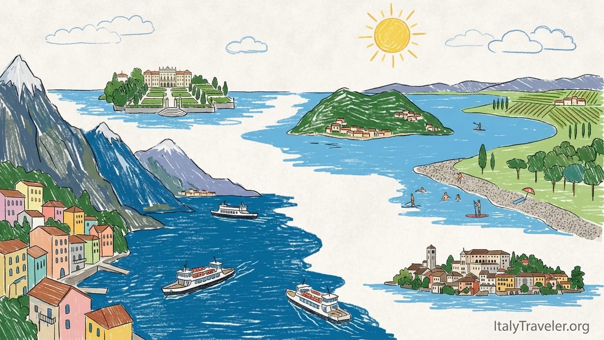Lakeside promenade on an Italian lake at sunrise with mountains, ferry and villa gardens.