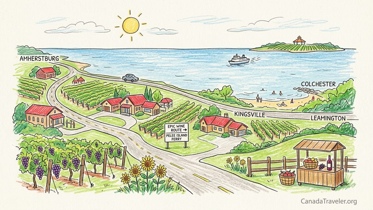 Vineyards overlooking Lake Erie with travelers tasting wine on a sunny afternoon.