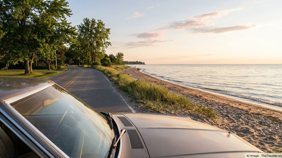 Curving lakeside road along Lake Erie at sunset beside a sandy beach and calm water.
