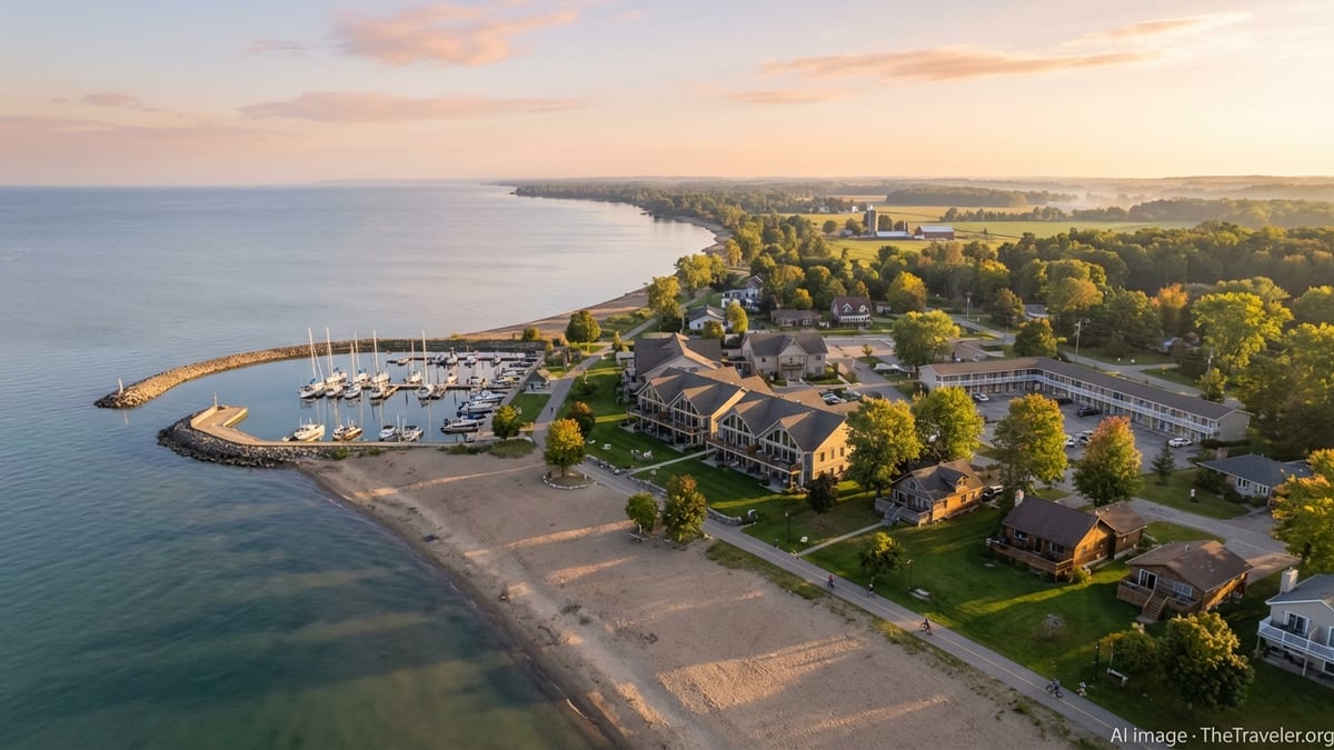 Aerial view of Lake Erie shoreline with lodges, cottages, marina, and sandy beach at sunset.