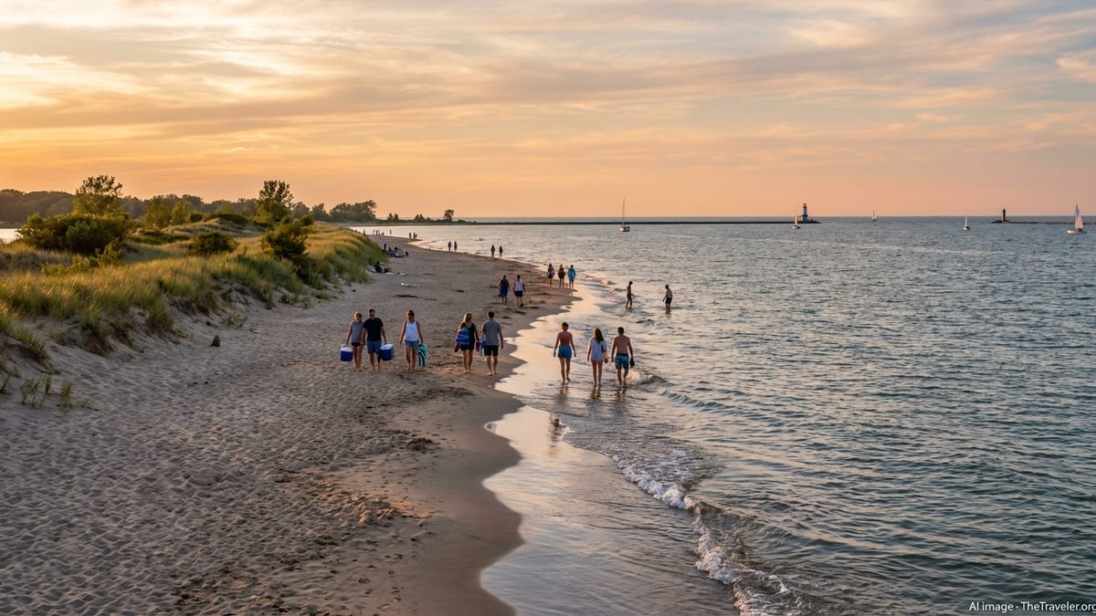 Golden hour view of a sandy Lake Erie beach with gentle surf, dunes, and distant lighthouse.