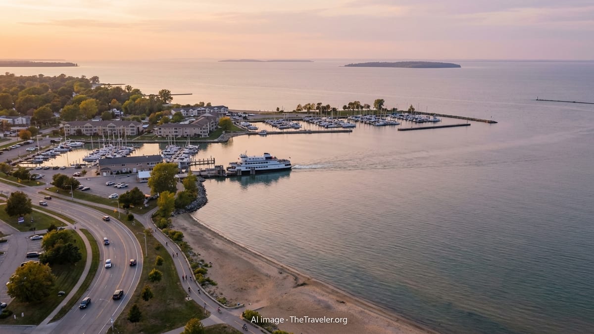 A ferry leaves a Lake Erie marina near Sandusky as cars, cyclists, and walkers share a lakeside road and path at sunset.