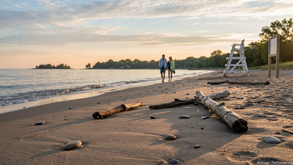 Calm summer sunrise over a sandy Lake Erie beach with gentle waves and distant shoreline.