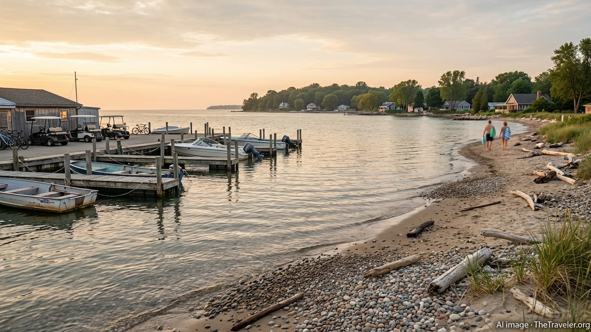 Calm Lake Erie shoreline with small marina, sandy beach, and distant wooded island at sunset.