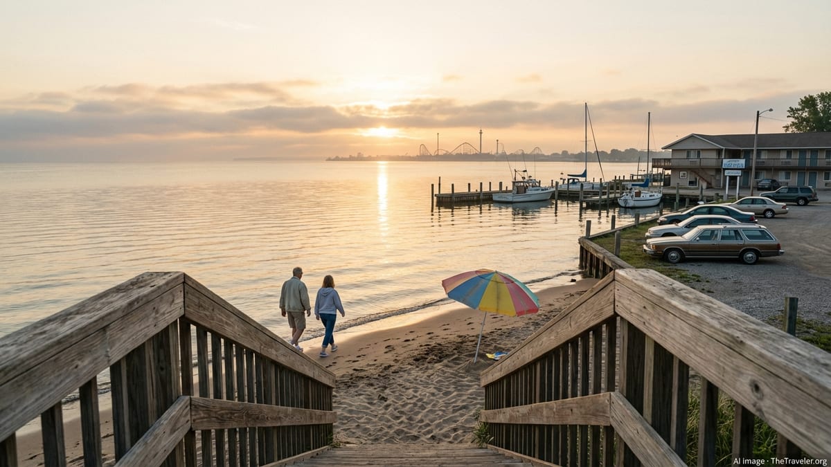 Sunrise over Lake Erie with beach, marina, and distant amusement park skyline.