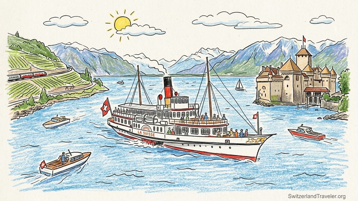 Belle Époque paddle steamer cruising past Château de Chillon on Lake Geneva near Montreux.