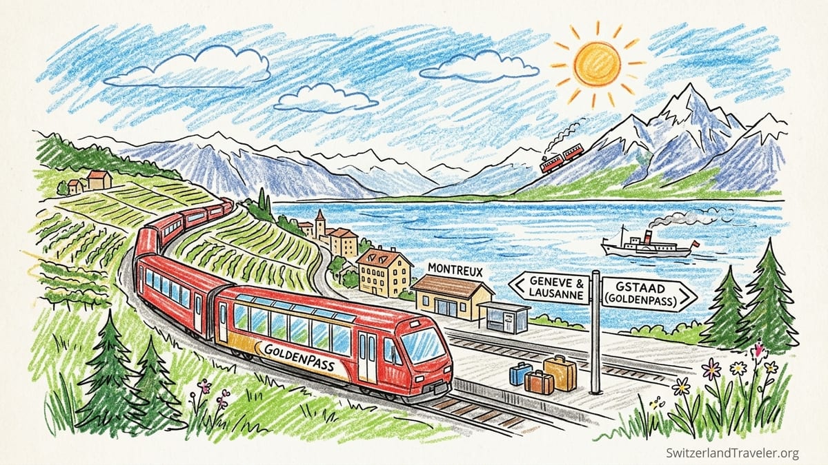 GoldenPass panoramic train running above Montreux overlooking Lake Geneva and the Alps at sunset.