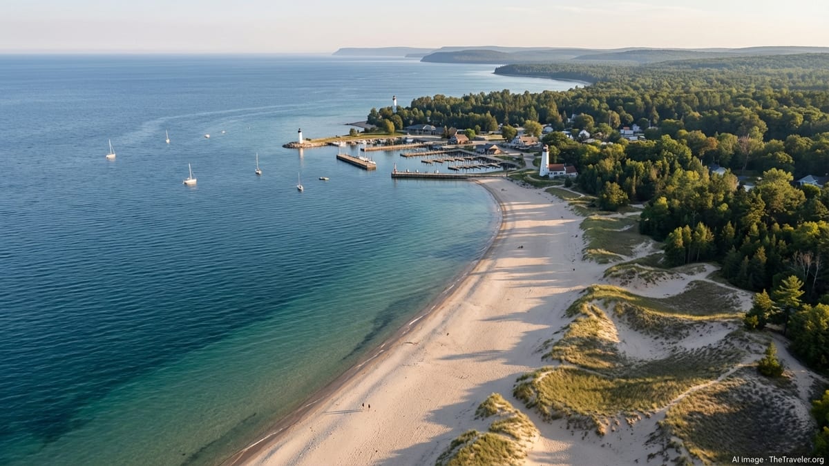Aerial view of Lake Huron shoreline with sandy beach, small harbor town and forest at golden hour.