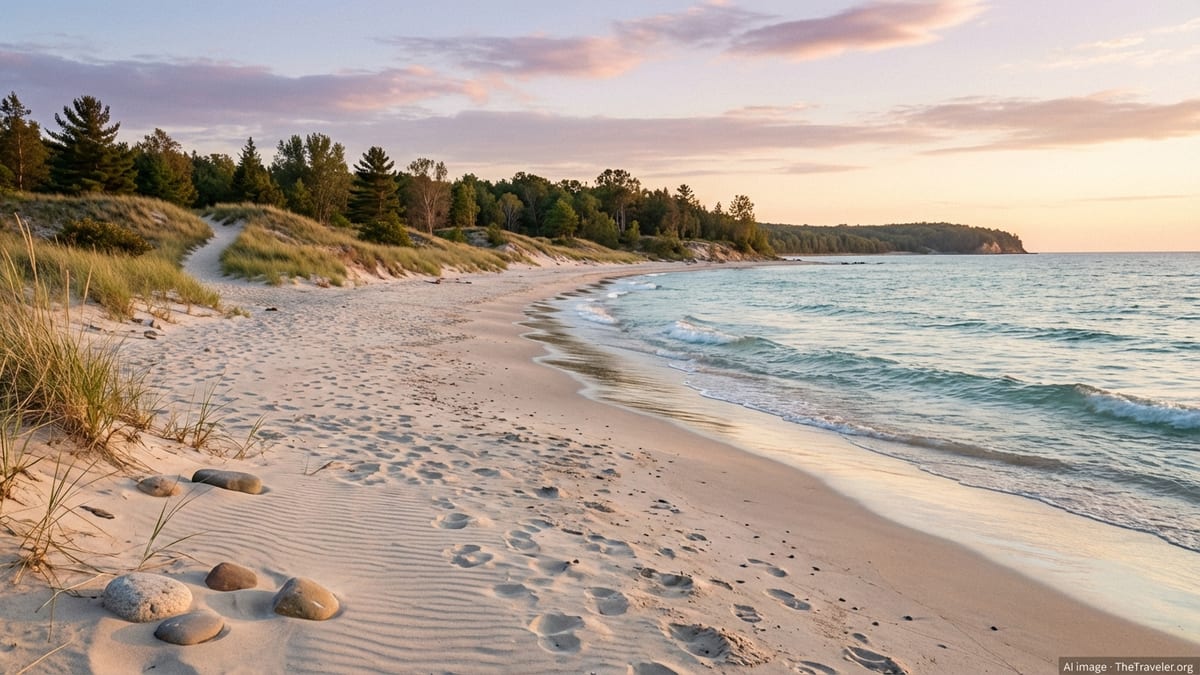 Golden hour view of a sandy Lake Huron beach with dunes, calm waves and forested shoreline.