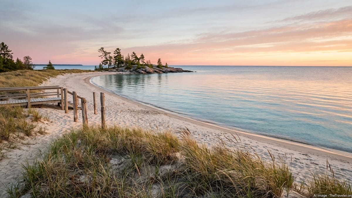 Quiet sunrise over a sandy Lake Huron beach with dune grass and calm water stretching toward a distant pine-topped point.