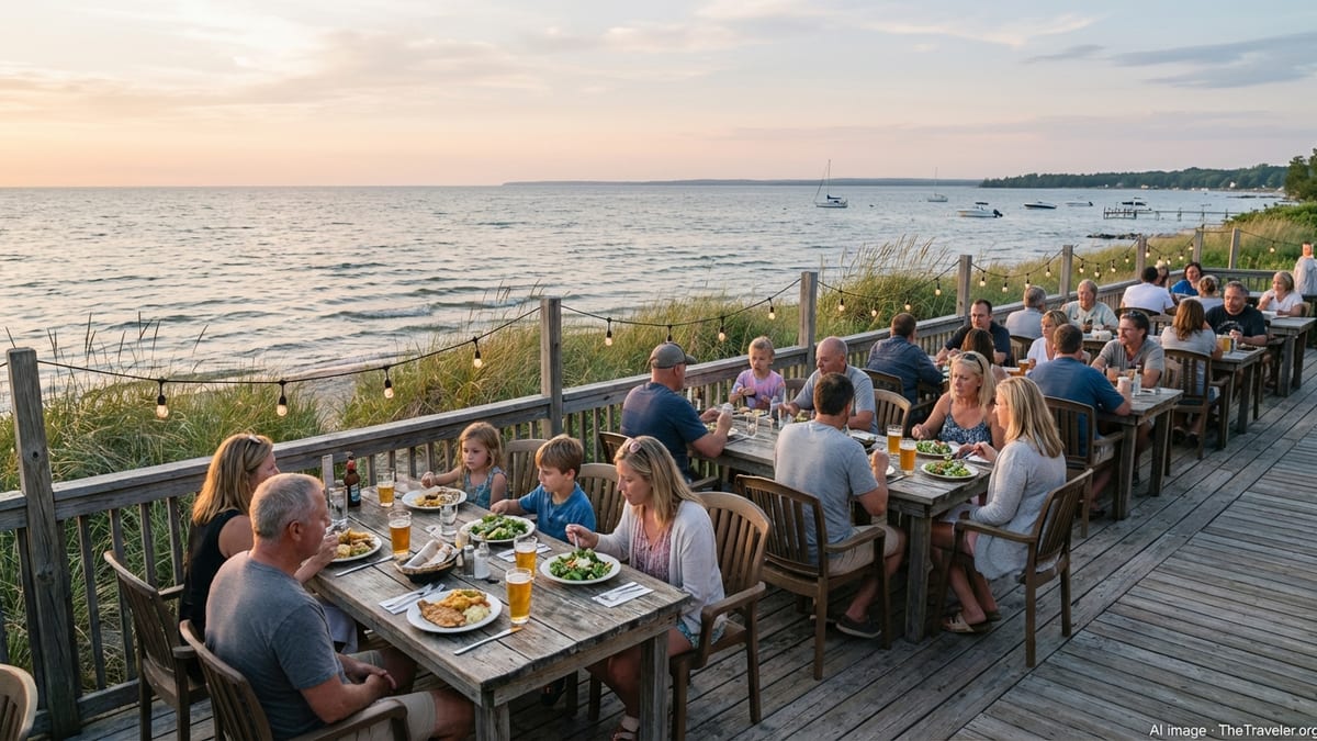 Outdoor lakeside restaurant patio on Lake Huron at sunset with diners eating local fish and watching the water.