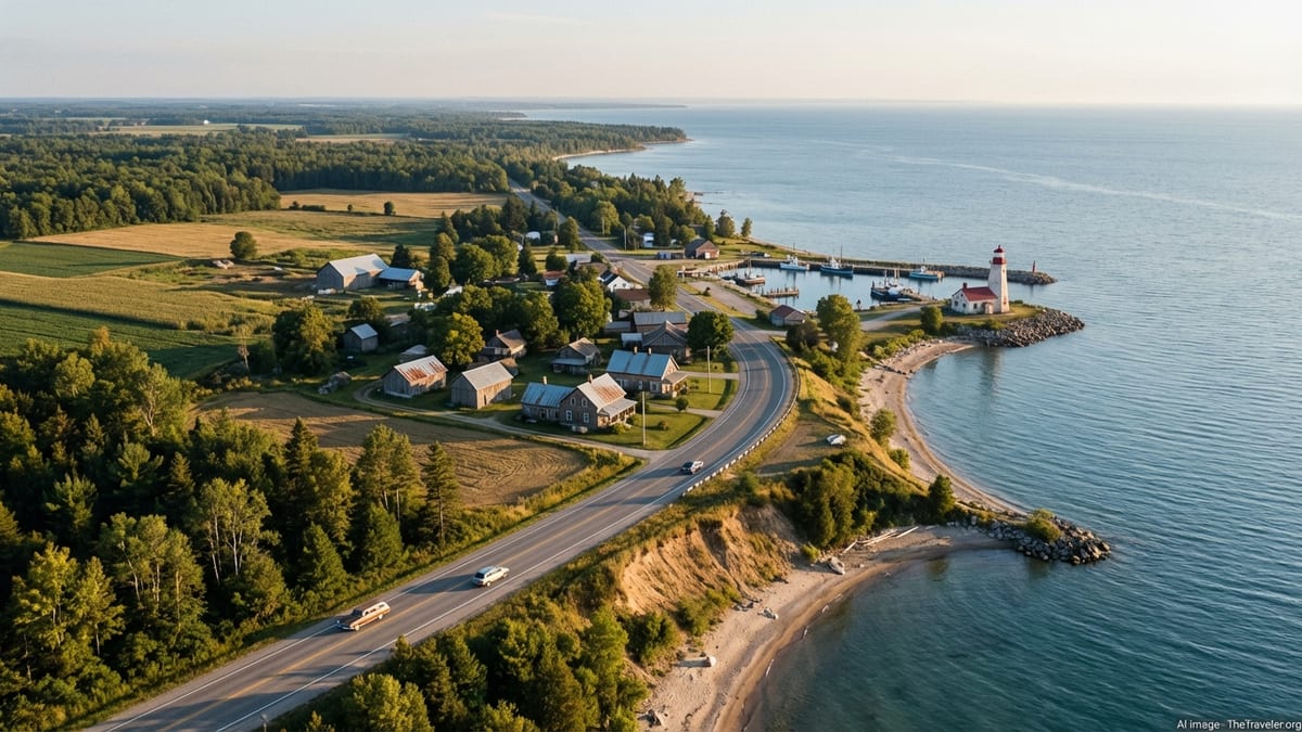 Aerial view of a Lake Huron coastal town, lighthouse and curving shoreline road at golden hour.