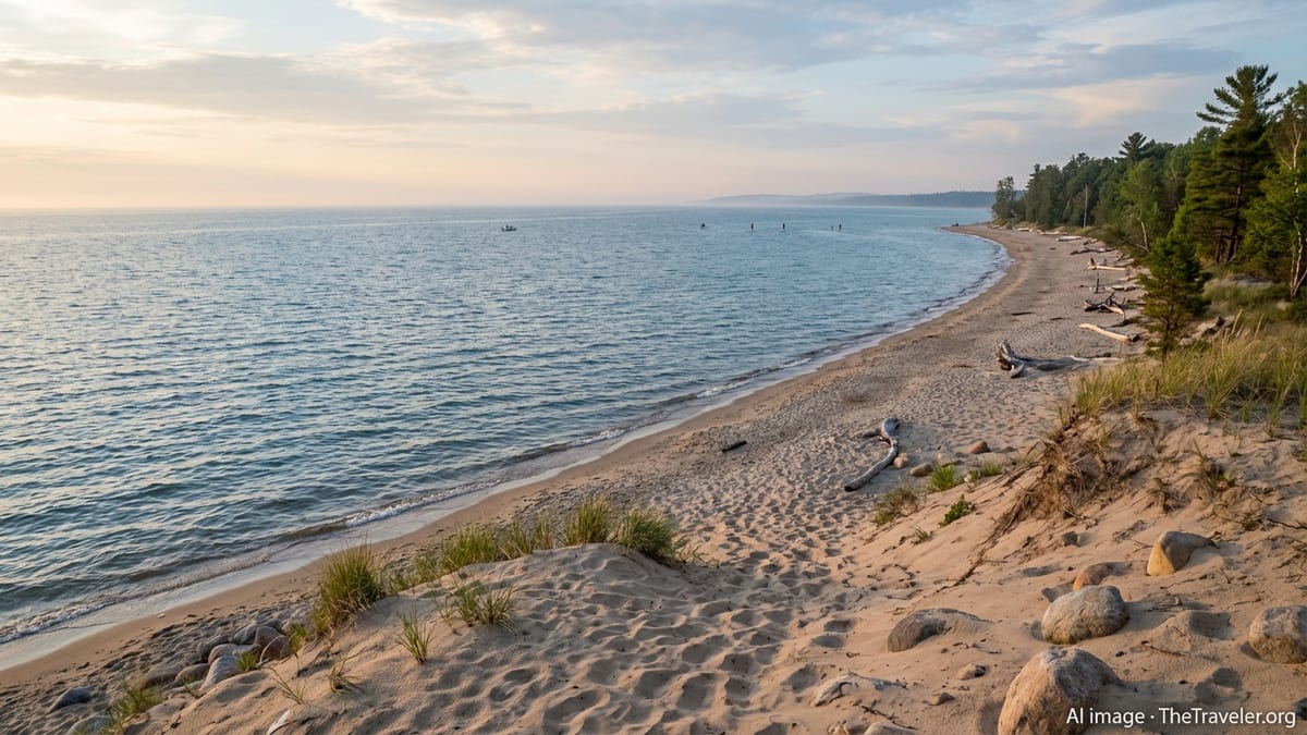 Calm summer evening on a Lake Huron beach with dunes, grass, and gentle waves.