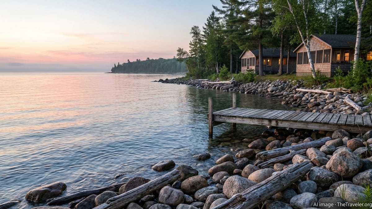 Rocky Lake Huron shoreline at sunrise with small cottages and wooden dock.