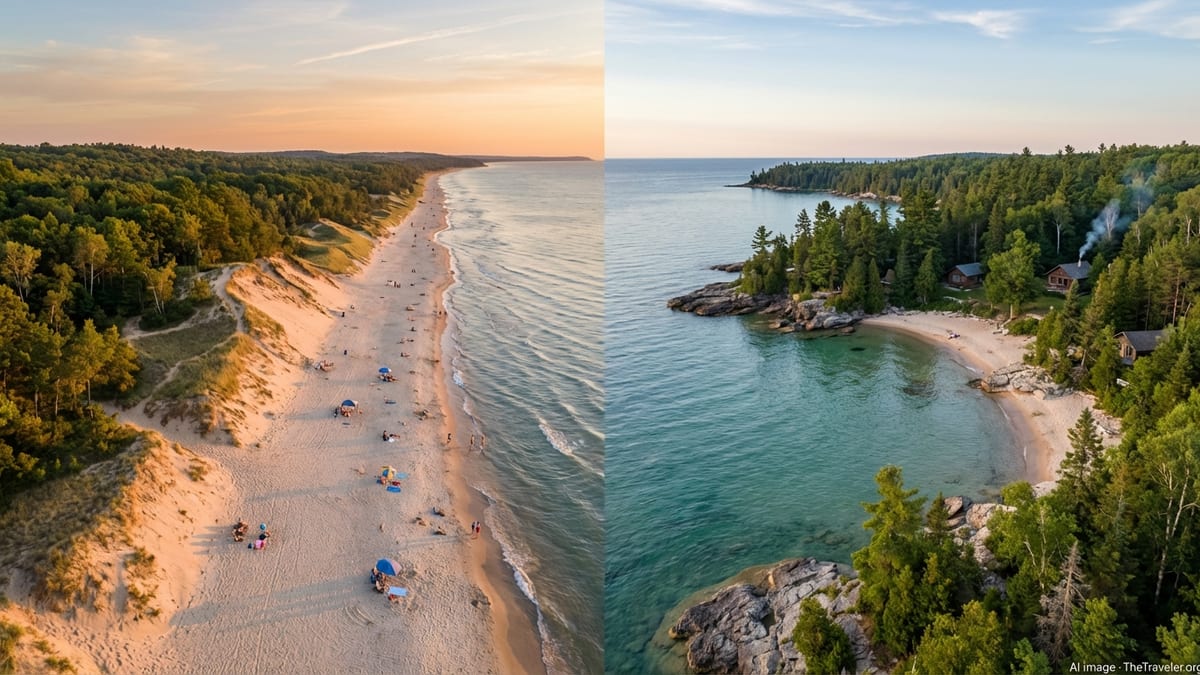 Aerial view of contrasting Lake Michigan dunes and quieter Lake Huron style coves along a Great Lakes shoreline.
