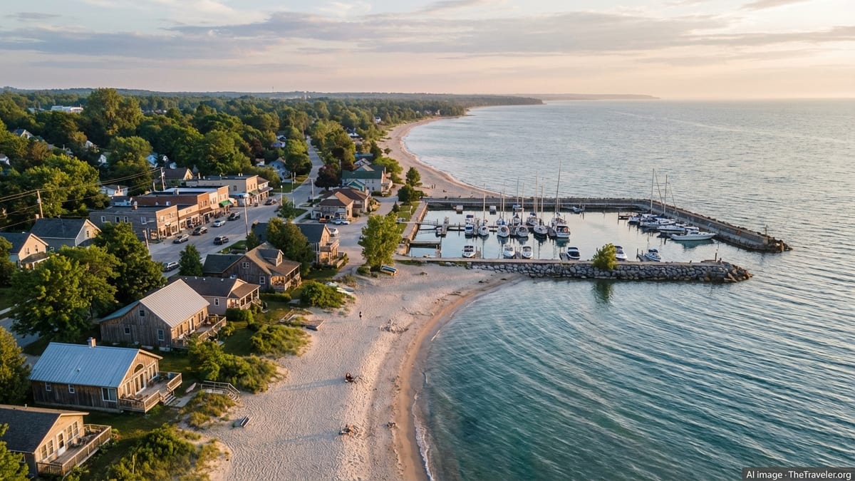 Aerial view of a Lake Huron beach town with cottages, marina, and sandy shoreline at sunset.