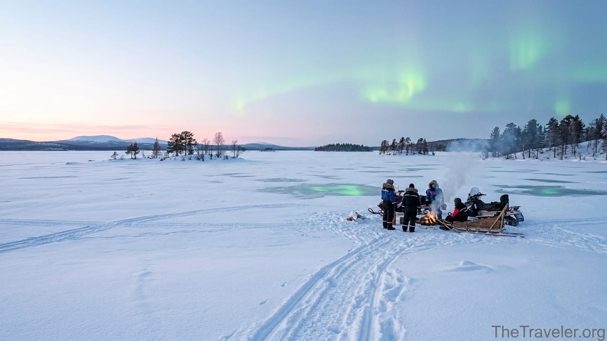 Snowmobile group on frozen Lake Inari at dusk watching the northern lights over snowy islands.