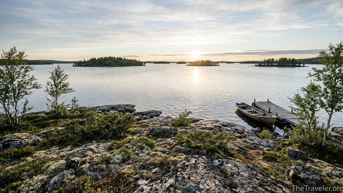 Quiet summer evening view over Lake Inari with rocky shore, islands and a small wooden jetty.