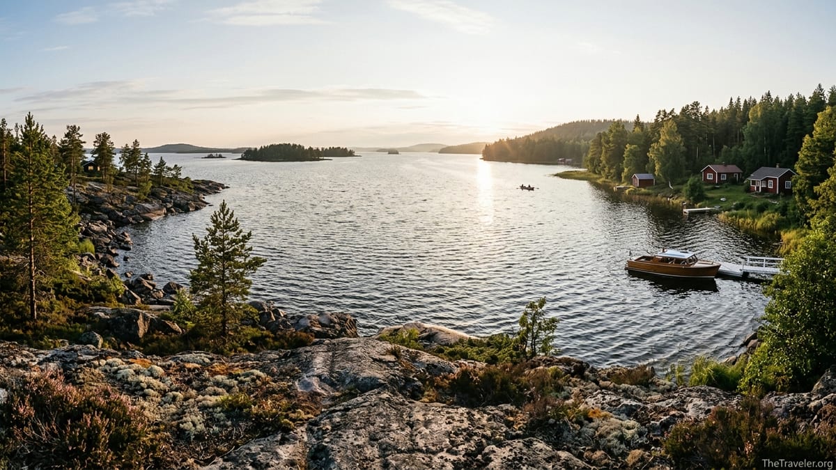 Evening light over contrasting Finnish lake shores, one wild and one with cottages, under a calm summer sky.