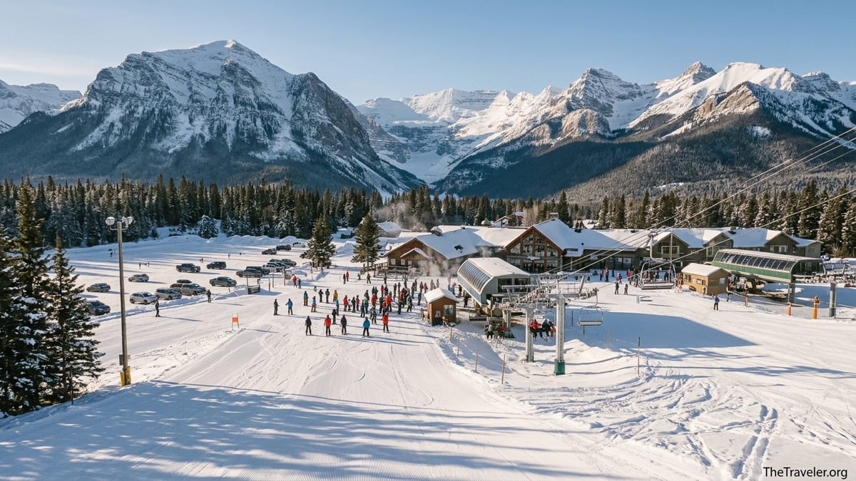 Early winter morning at Lake Louise Ski Resort with skiers near the base and Rocky Mountains in the background.