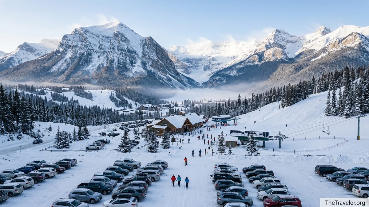 Winter view of Lake Louise Ski Resort with free parking lots and skiers walking toward the base area.