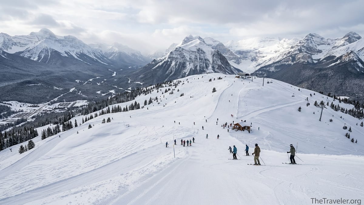 Skiers descending wide groomed runs at Lake Louise Ski Resort beneath rugged Canadian Rockies peaks.