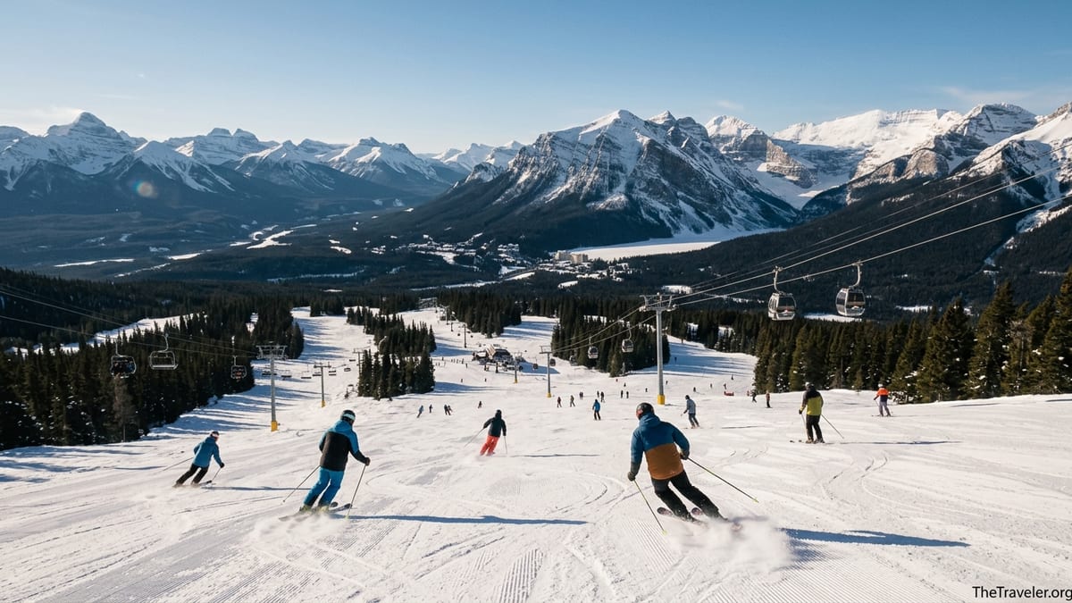 Wide winter view of skiers carving groomers at Lake Louise Ski Resort with Rocky Mountain peaks in the background.