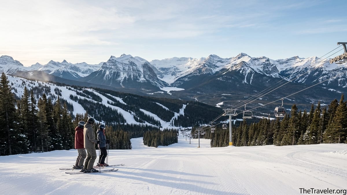 Wide winter view over Lake Louise Ski Resort showing vast slopes, chairlifts, and tiny skiers beneath towering Canadian Rocky