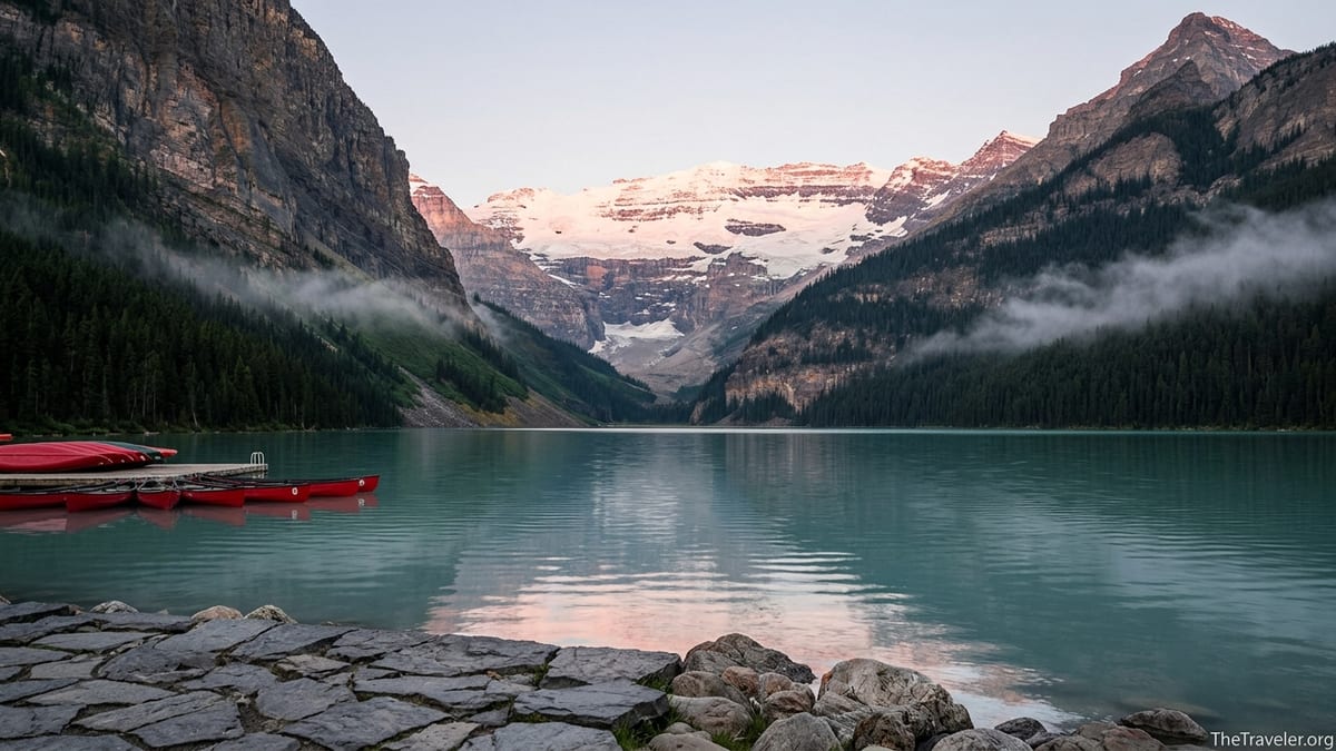 Sunrise view across turquoise Lake Louise toward Victoria Glacier and surrounding peaks.