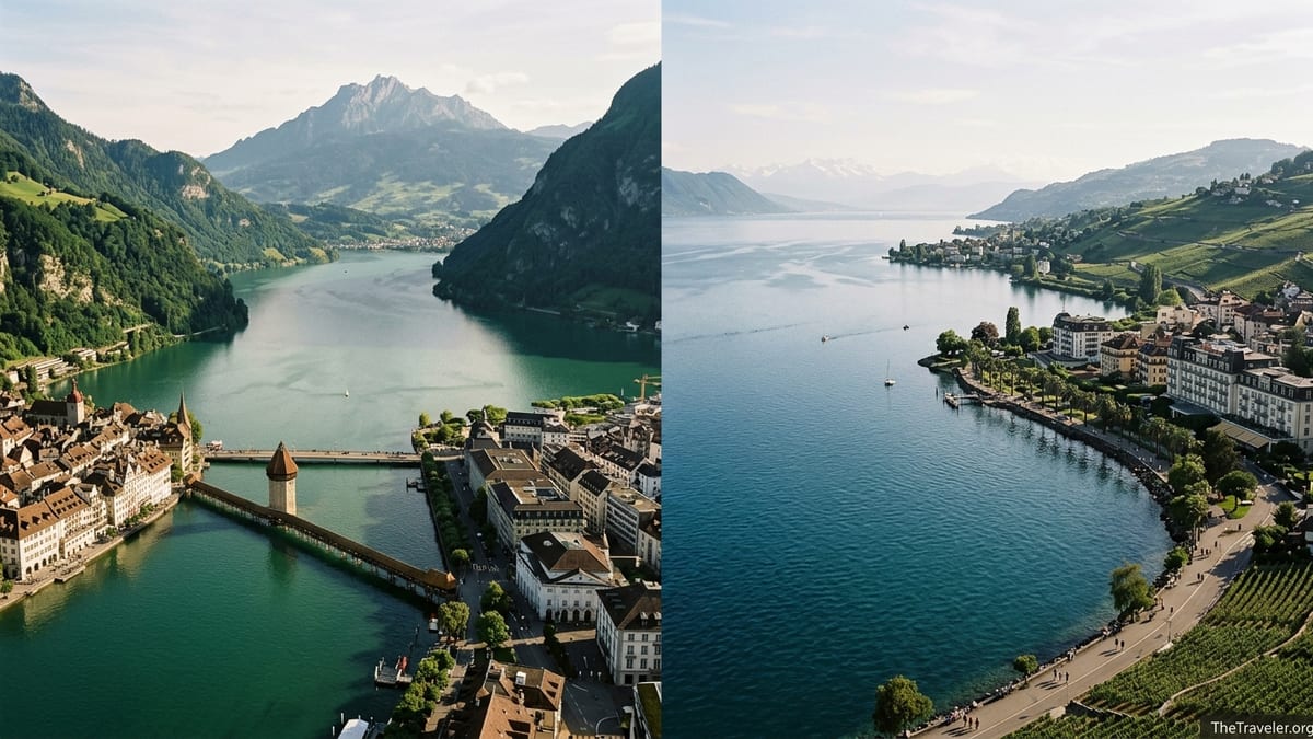 Panoramic view comparing Lake Lucerne’s steep alpine shores with Lake Geneva’s wide Riviera-style coast.