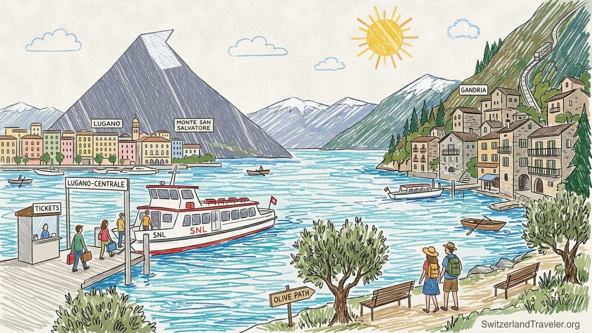 Passenger boat cruising on Lake Lugano with Lugano waterfront and surrounding mountains in warm afternoon light.