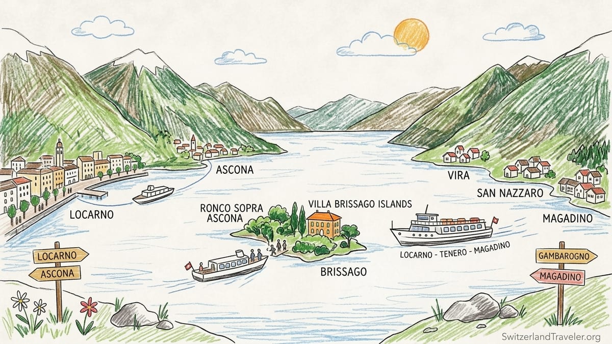 Boat crossing Lake Maggiore between Locarno and Ascona with Brissago Islands and mountains in the distance.