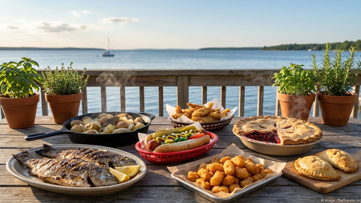 Table of Lake Michigan regional dishes on a lakeside patio at sunset.