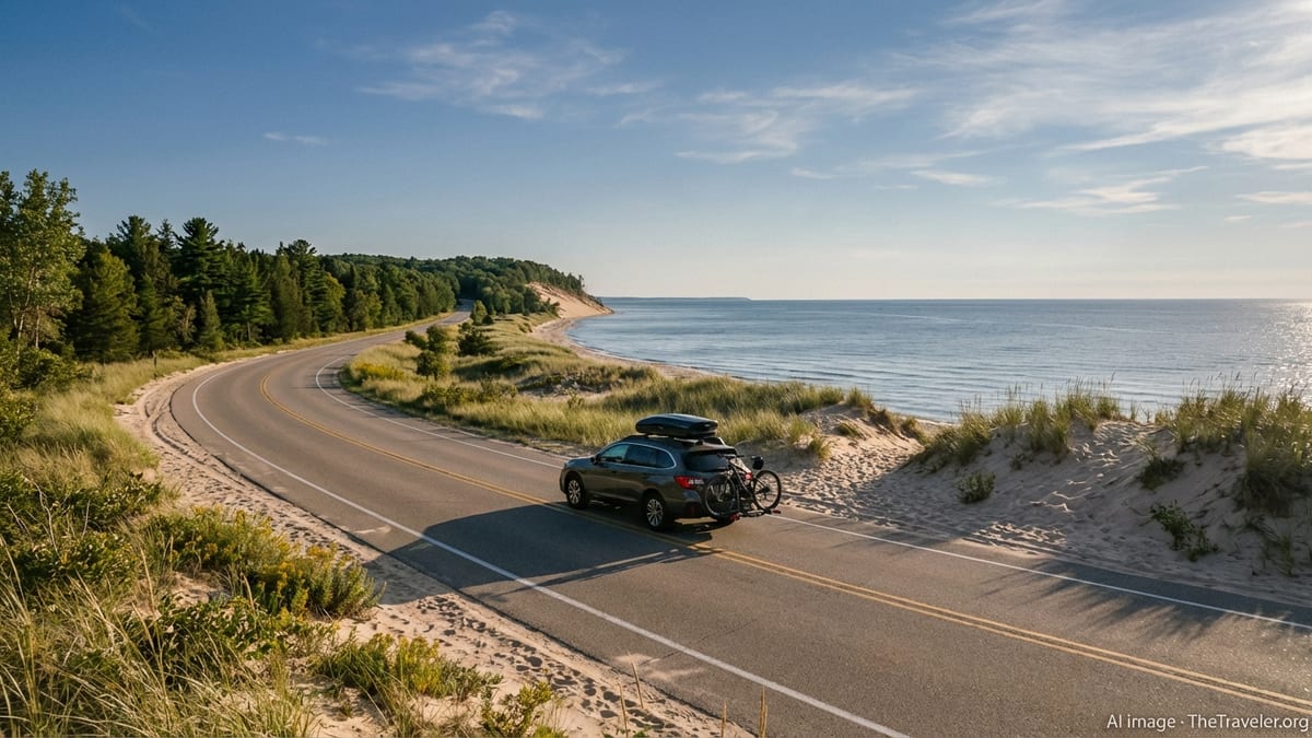 Car driving along a coastal highway beside Lake Michigan dunes on a clear afternoon.