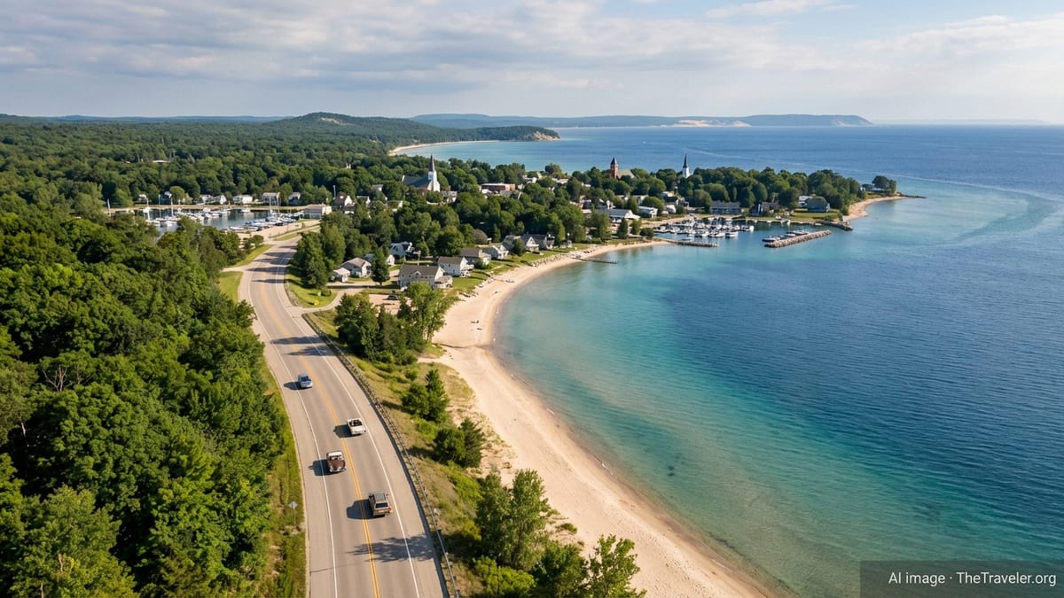 Aerial view of a scenic road along a forested Lake Michigan shoreline with sandy beach.