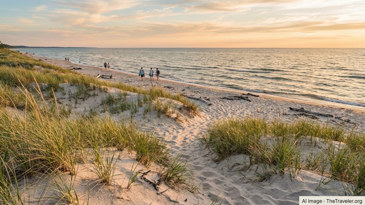 Sunlit Lake Michigan beach with dunes and grasses at sunset and a few distant walkers.