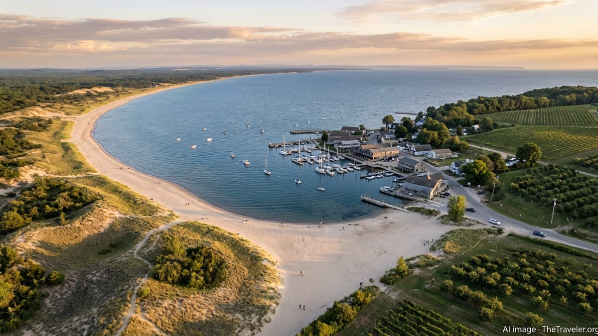 Aerial view of a Great Lakes beach with dunes, vineyards, and a small harbor town at sunset.