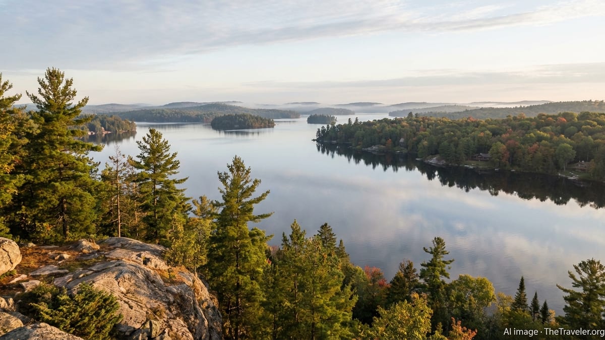Elevated view over Lake of Bays with forested islands and rocky shoreline at sunrise.