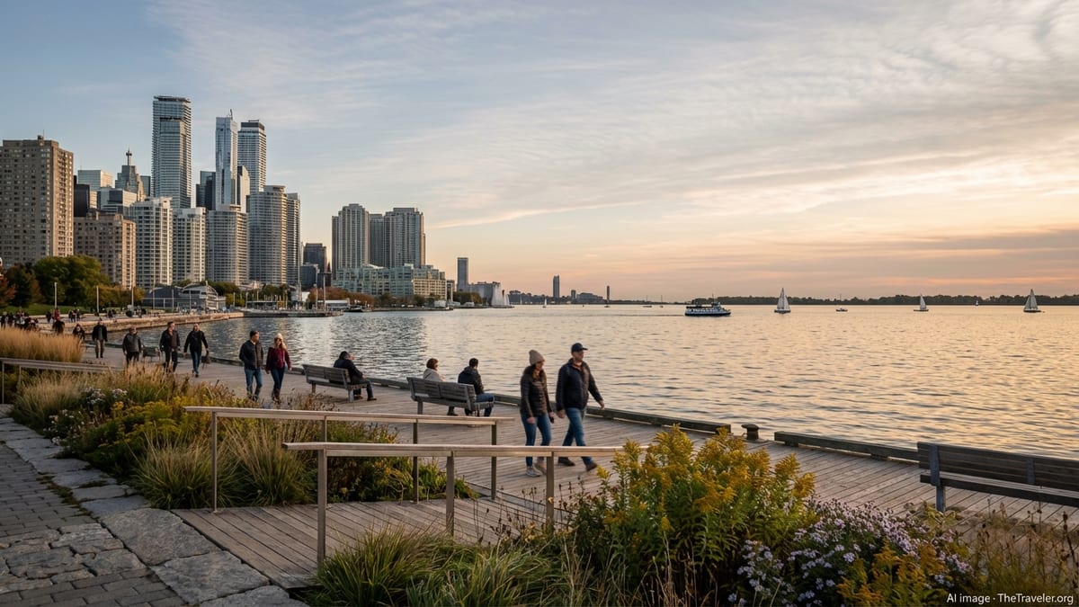 Lake Ontario waterfront promenade with Toronto skyline and calm water at sunset.