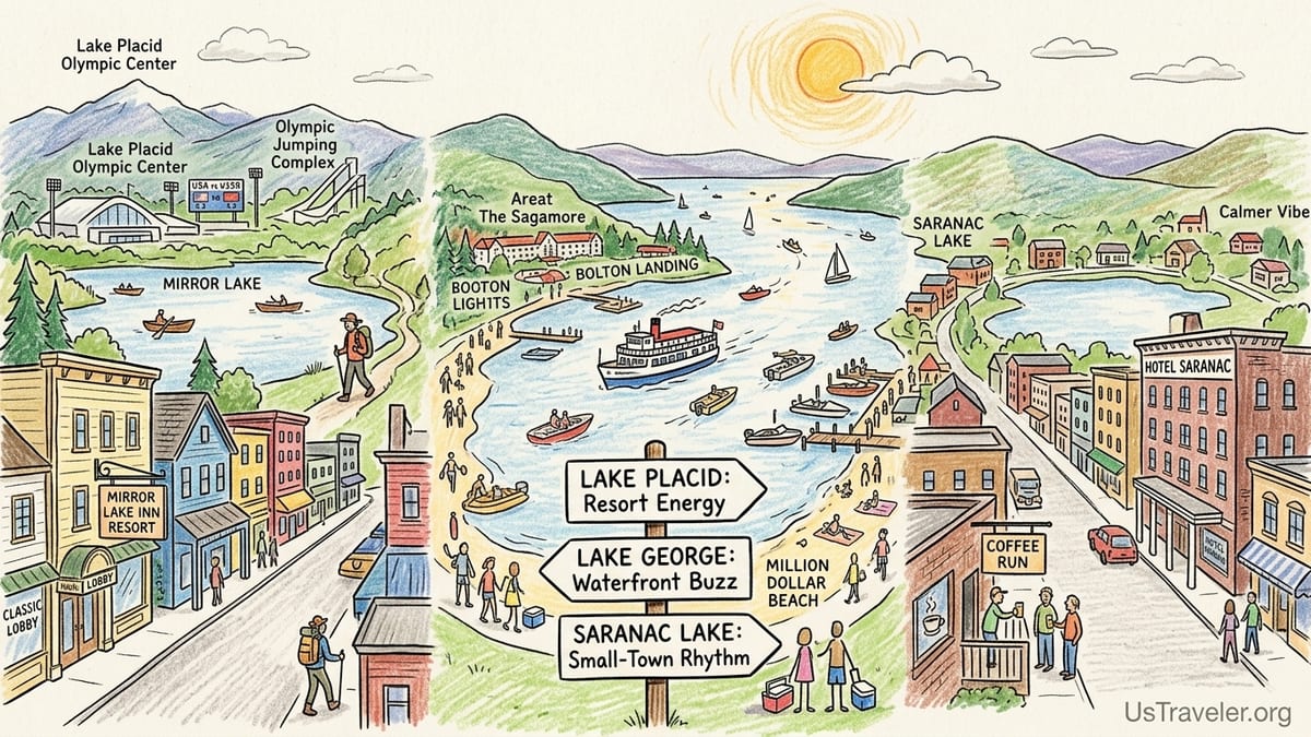 Comparison of Adirondack lake towns with calm water, village shoreline, and a distant sightseeing cruise boat at golden hour.