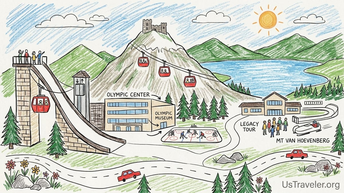 Traveler holding an Olympic Sites Passport on the Lake Placid ski jump skydeck with Adirondack views.
