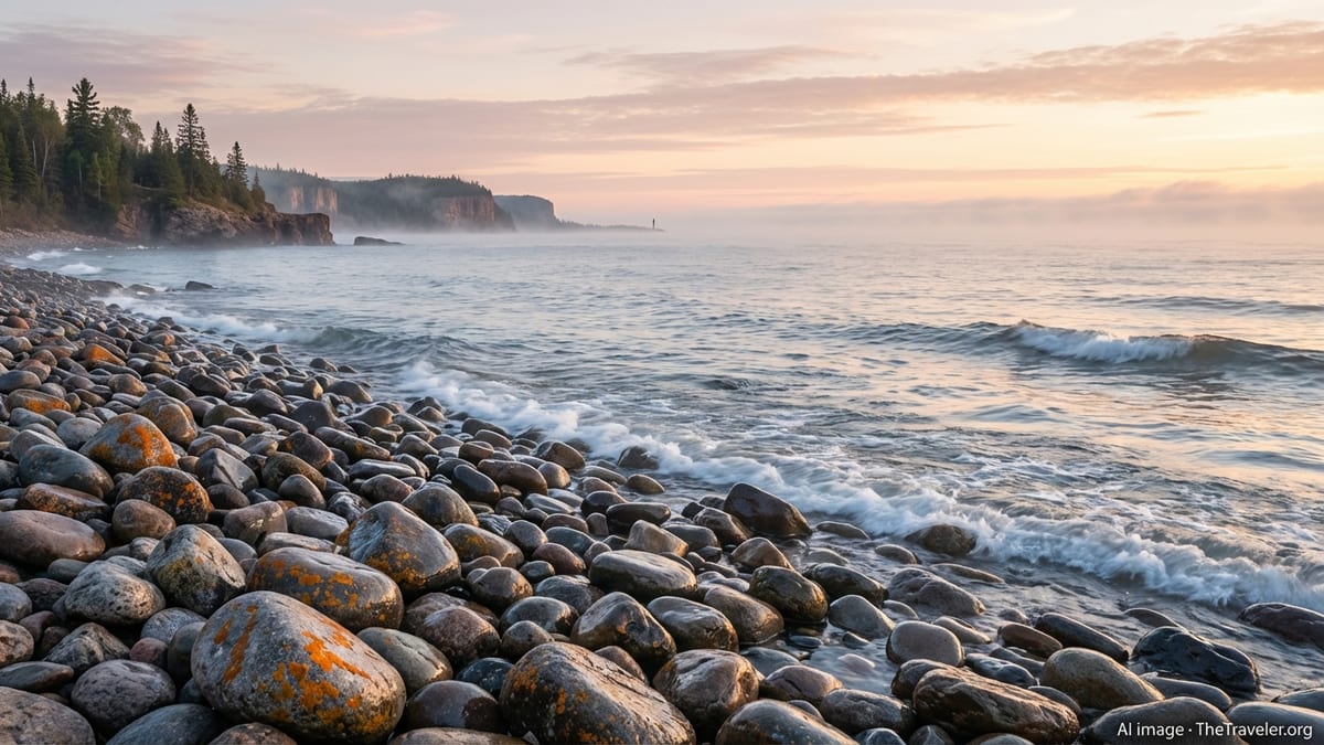 Rocky Lake Superior shoreline at sunrise with distant cliffs and calm waves.