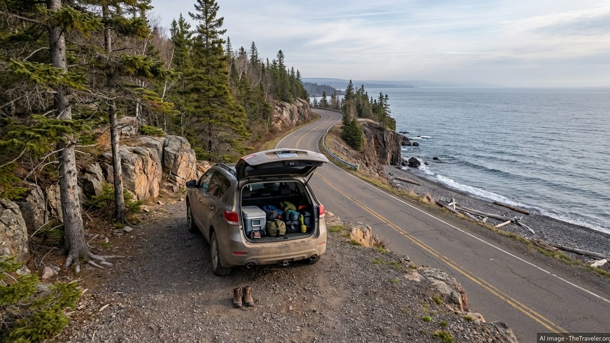 Car loaded with camping gear parked along a curving highway above Lake Superior’s rocky shoreline.