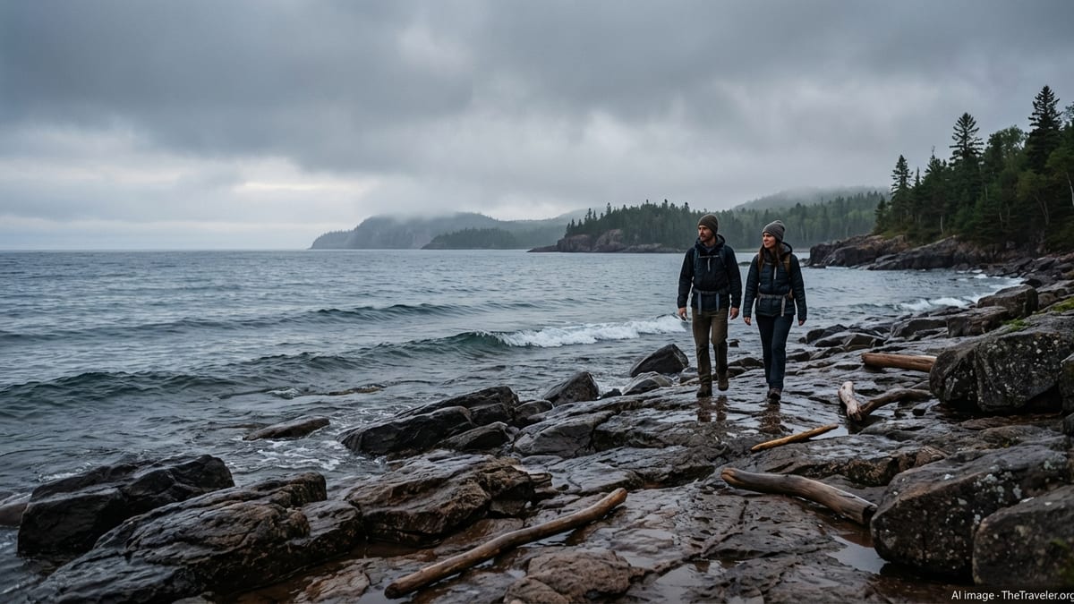 Two hikers walk along a rocky Lake Superior shoreline on a cool, misty morning.