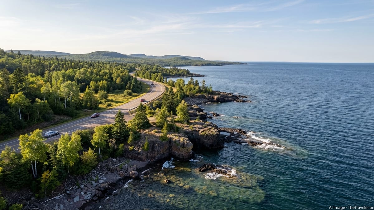 Aerial view of a scenic highway curving along the rocky, forested shore of Lake Superior.