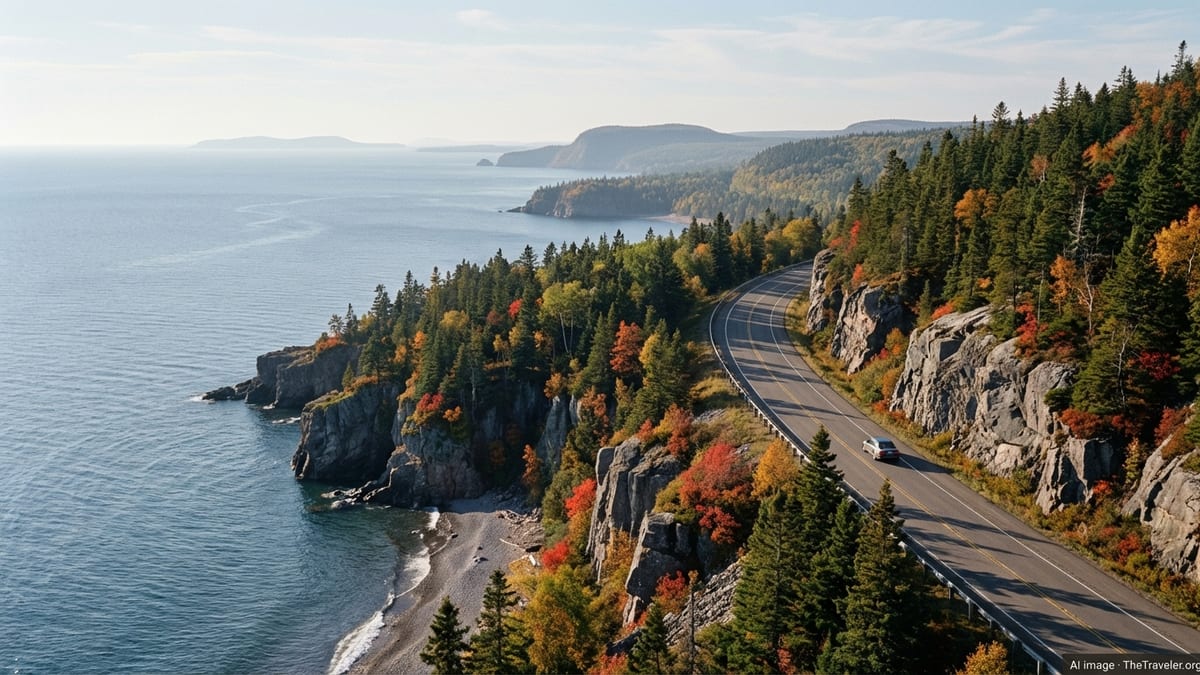 Curving highway along Lake Superior cliffs with autumn trees and blue water below