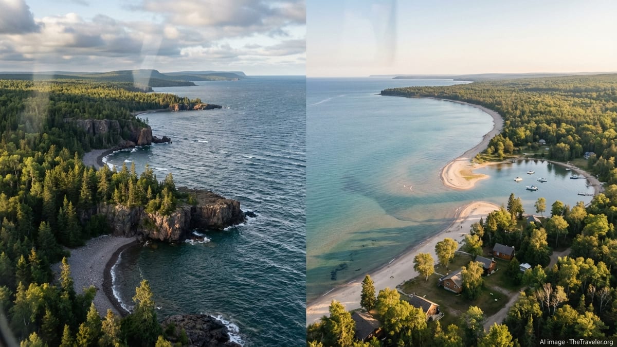 Aerial view contrasting Lake Superior’s rugged cliffs with Lake Huron’s sandy, shallow shoreline at sunset.
