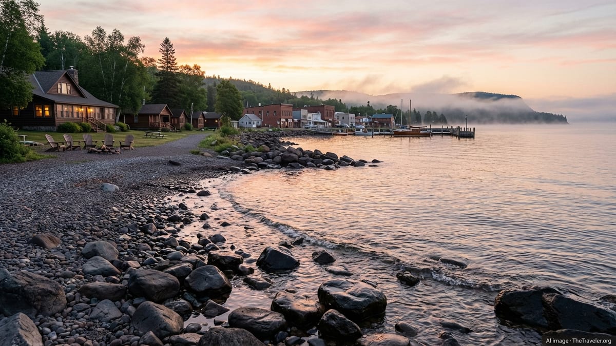 Rocky Lake Superior shoreline at sunrise with small harbor town and lakeside lodge in the distance.