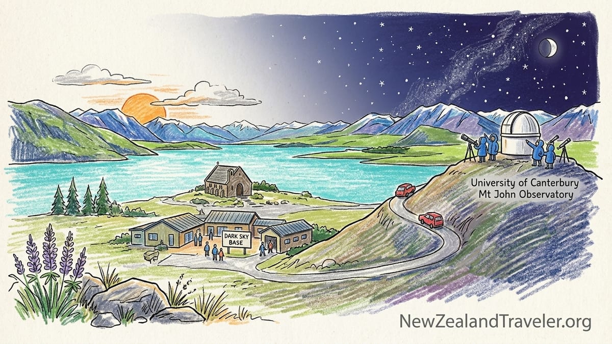 Bundled-up travelers stargazing beside Lake Tekapo with a guide and telescope under a partly cloudy, star-filled Mackenzie 밤