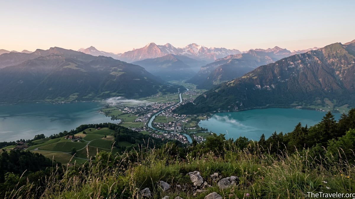 Aerial-style morning view of Interlaken between deep-blue Lake Thun and turquoise Lake Brienz in the Bernese Oberland.